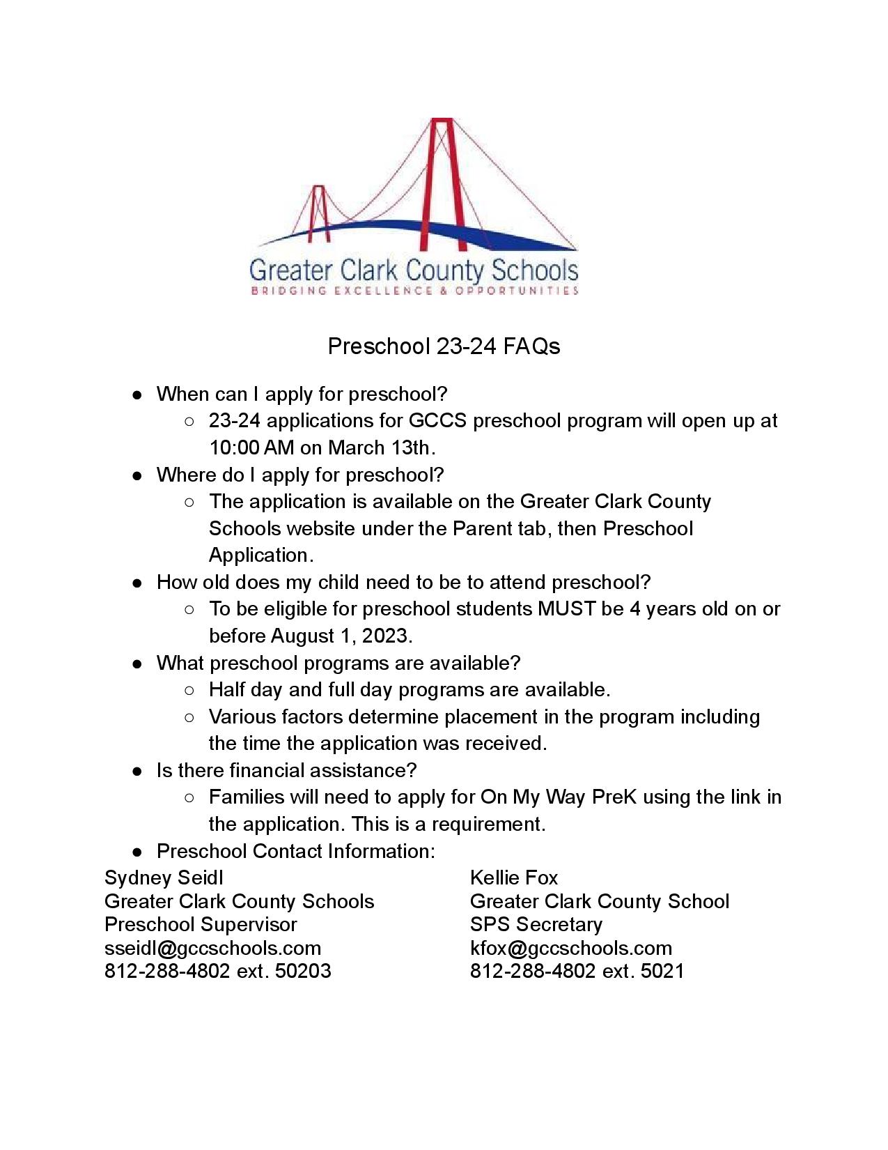 Preschool FAQ’s for the 20232024 School Year Pleasant Ridge